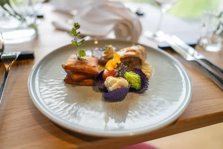 Elegantes Gourmet-Gericht mit buntem Gemüse und hübsch angerichteter Pastete auf einem weißen Teller.