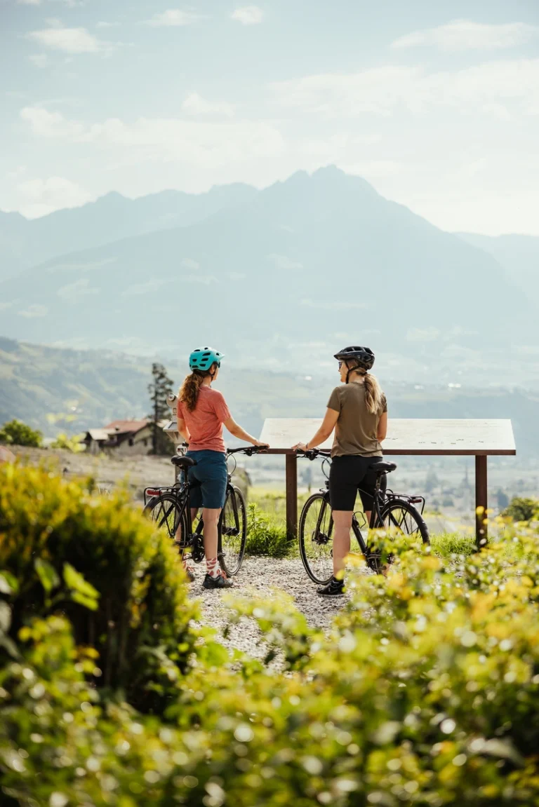 Zwei Personen mit Fahrrädern bewundern die Aussicht auf die Berge bei einer Infotafel im Biohotel Südtirol.