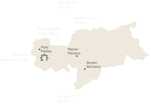 Karte von Mals und anderen Orten in der norditalienischen Region nahe der österreichischen Grenze.