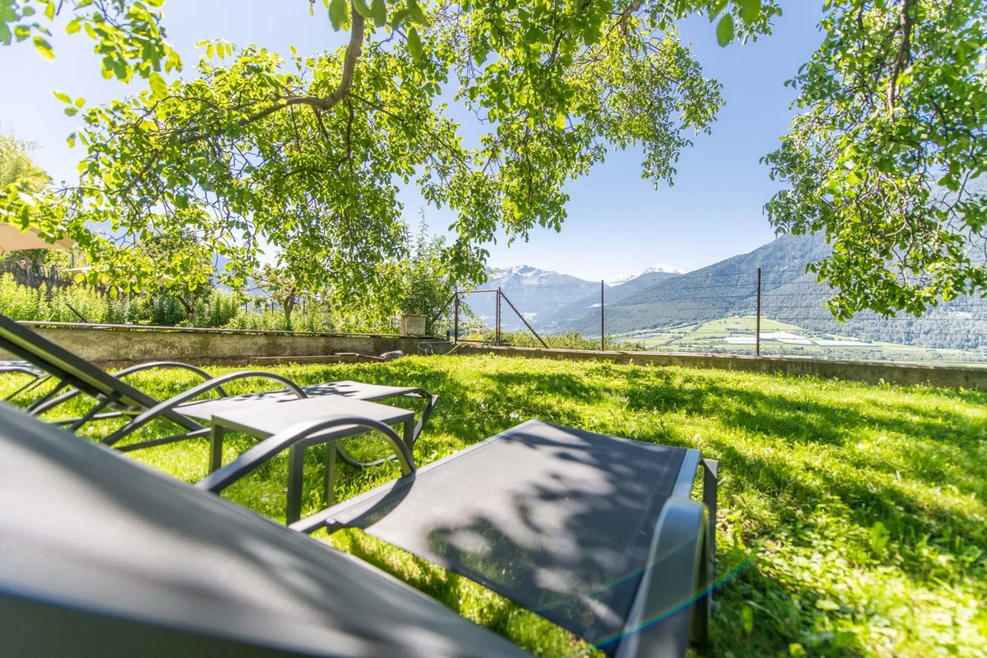 Zwei Liegestühle im Gras unter Bäumen, mit Blick auf die Berge in der Ferne.