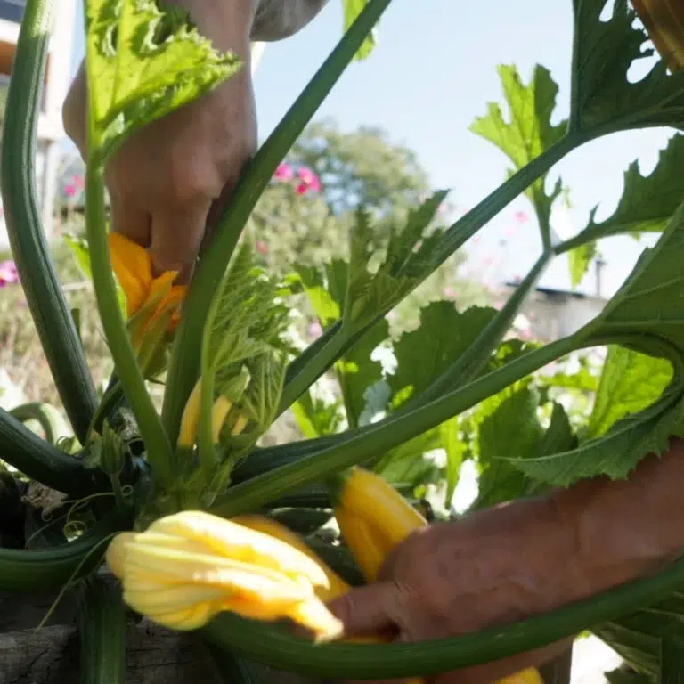 Hände ernten bio eigenproduktion gelben Kürbis aus einem Garten mit üppigen Blättern und Blüten.