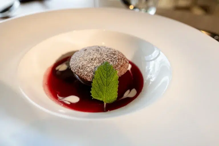Schokoladendessert auf Beerensoße, eine Hoteldiät, garniert mit Minze und Puderzucker.