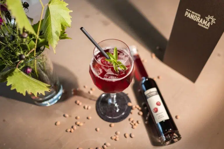 Ein rotes Getränk mit Minze, eine Flasche und eine Vase mit grünen Blättern auf einem Tisch.