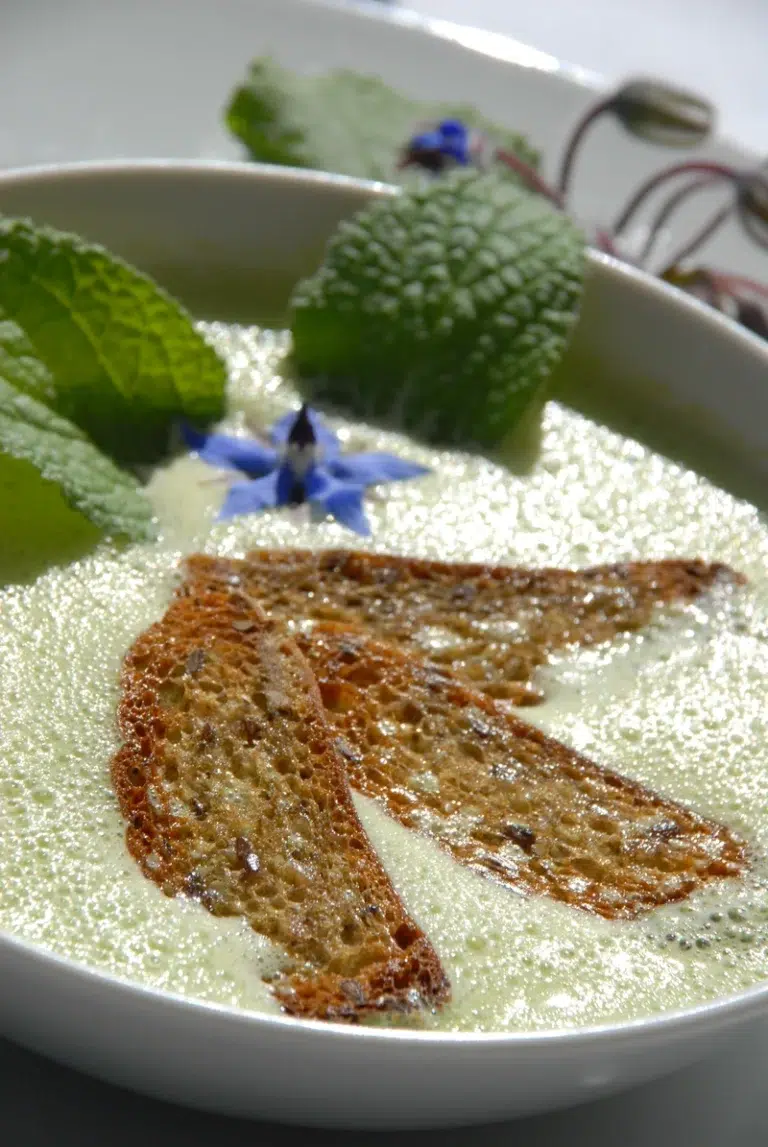 Grüne Cremesuppe, garniert mit Kräutern, essbaren Blüten und gerösteten Brotscheiben in einer Schale.