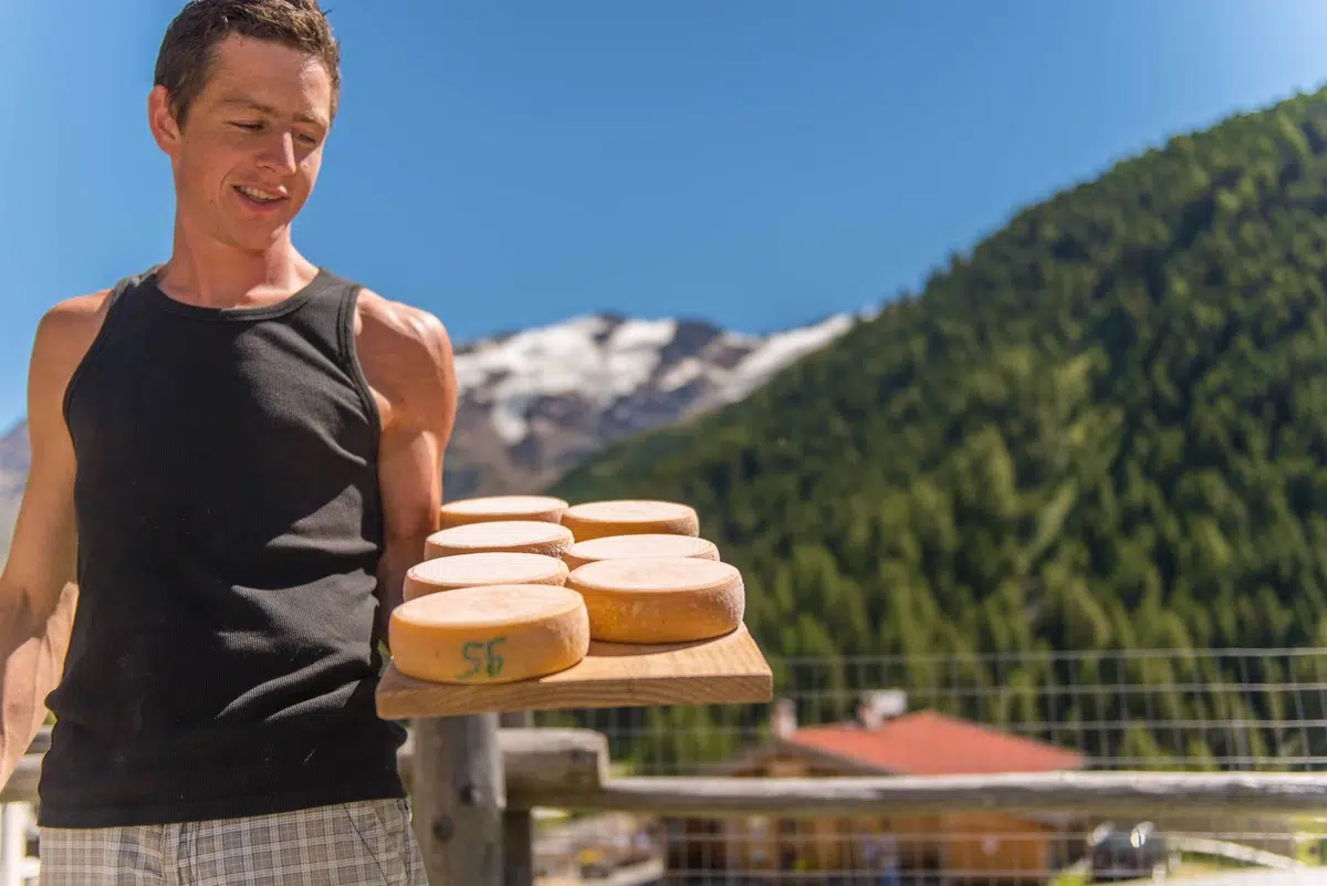 Ein Mann hält ein Holztablett mit Käselaiben von Karl Thöni Mals in der Nähe von Bergen.