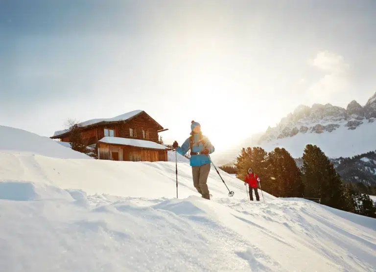 Zwei Personen genießen Langlaufen Vinschgau in der Nähe einer Holzhütte in einer verschneiten Berglandschaft.