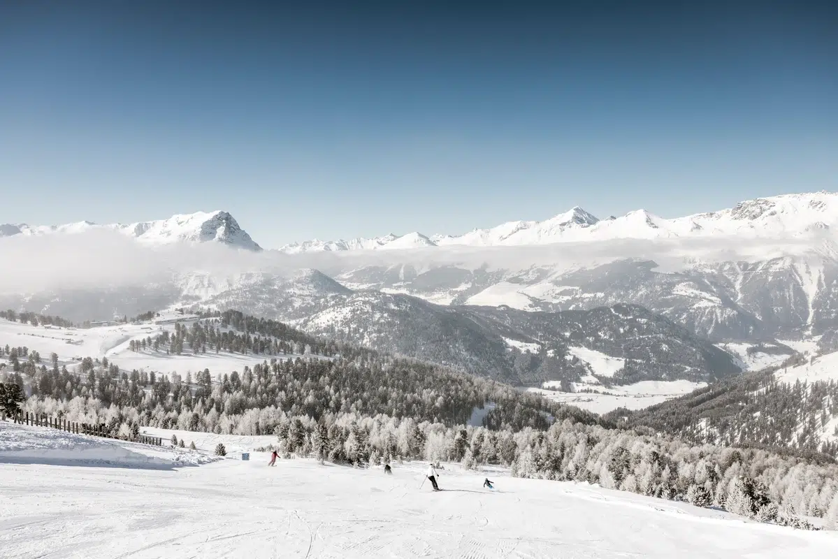Skifahrer fahren eine verschneite Piste hinunter, mit Bergen und Bäumen im Hintergrund unter einem klaren Himmel.