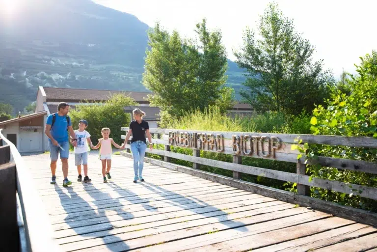 Una famiglia di quattro persone attraversa un ponte di legno con la scritta ERLEBNISPFAD BIOTOP alla luce del sole.